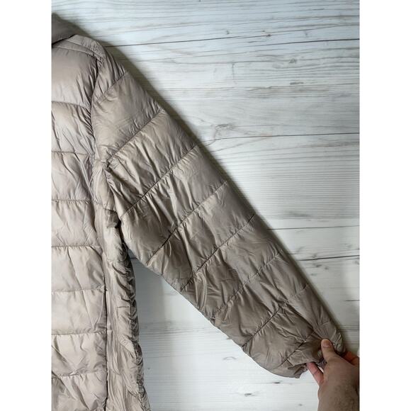 Athleta Aire Puffer Parka Coat Womens XL Tall Beige Hooded Water Repellent - Picture 3 of 11
